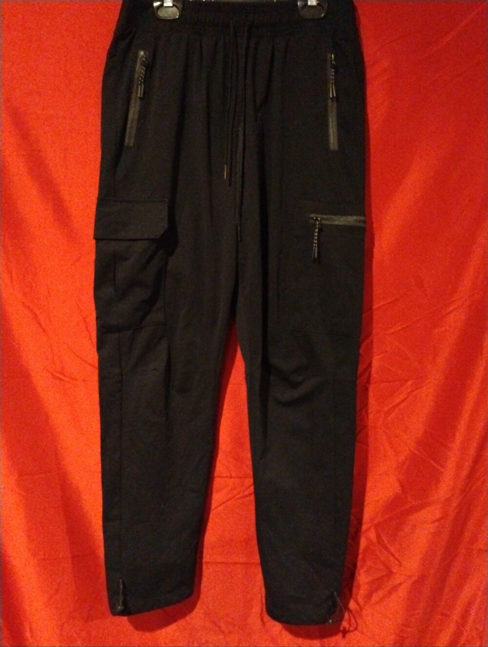 Black Techwear Cargo Track Pants Elastic Waist Joggers - Flat Measurement 14”
